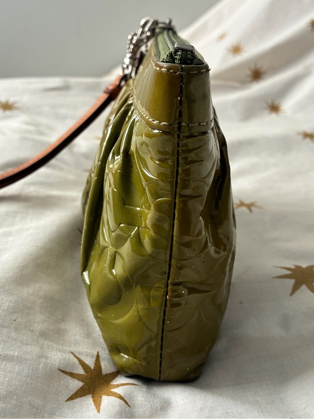 Coach Embossed Logo Patent Leather Wristlet Olive Green - Picture 6 of 14